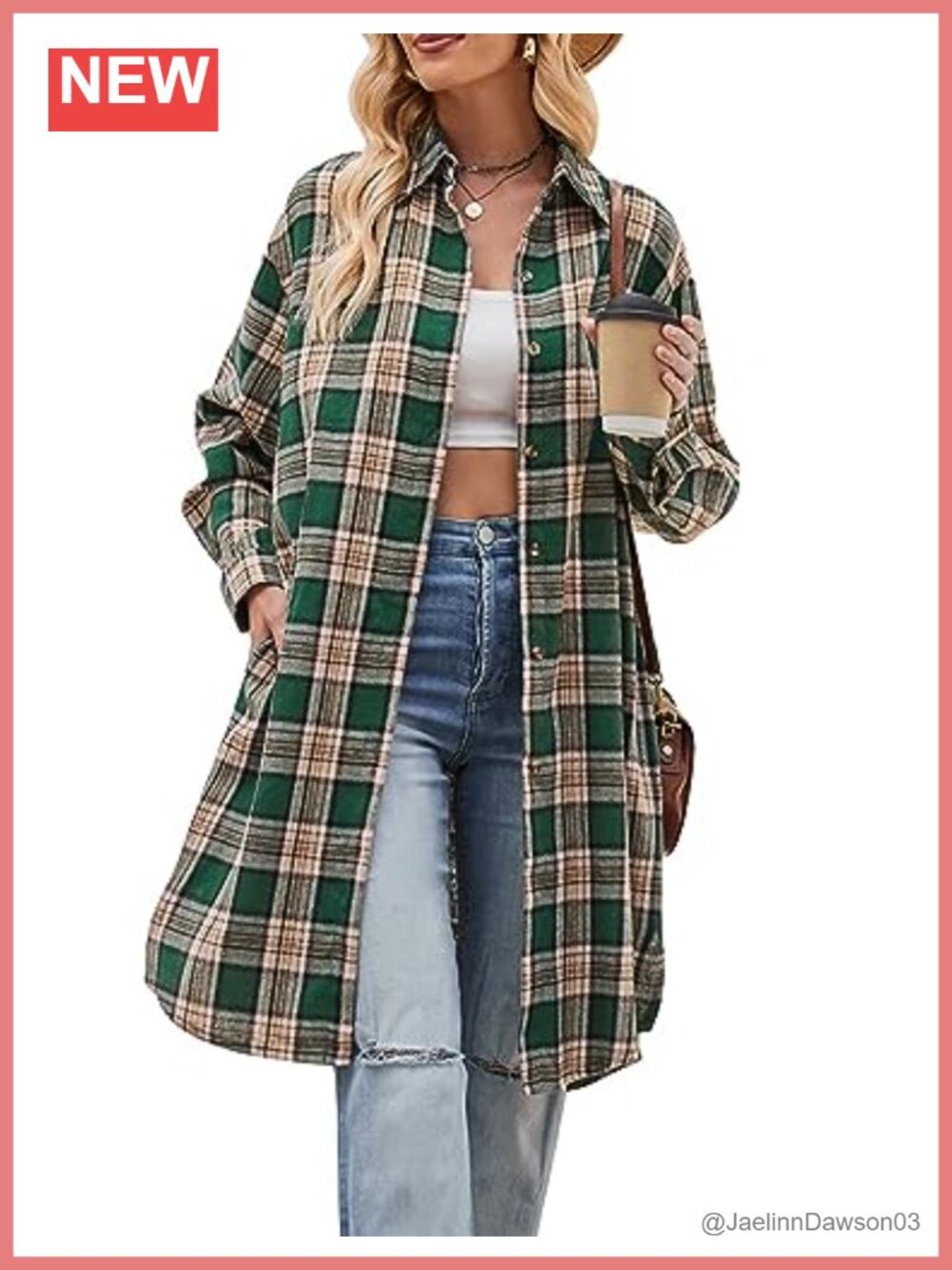 Oversized Mid Long Plaid Flannel Shirt Women Lapel Collar Pockets